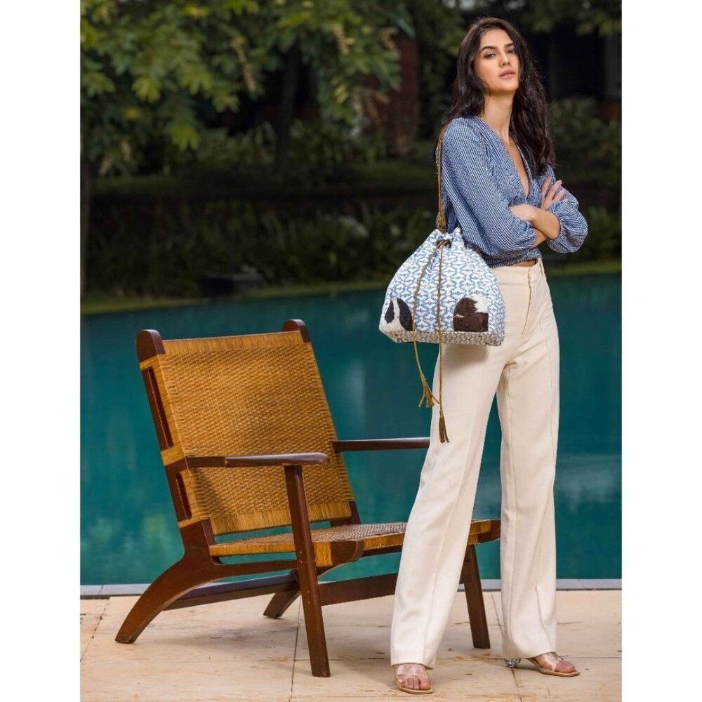Myra Bag Handmade Deep Bucket Bag Upcycled Canvas & Cowhide Leather